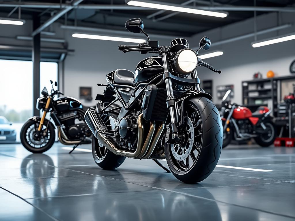 Motocicleta negra de estilo clásico en un taller moderno con otras motos en el fondo.