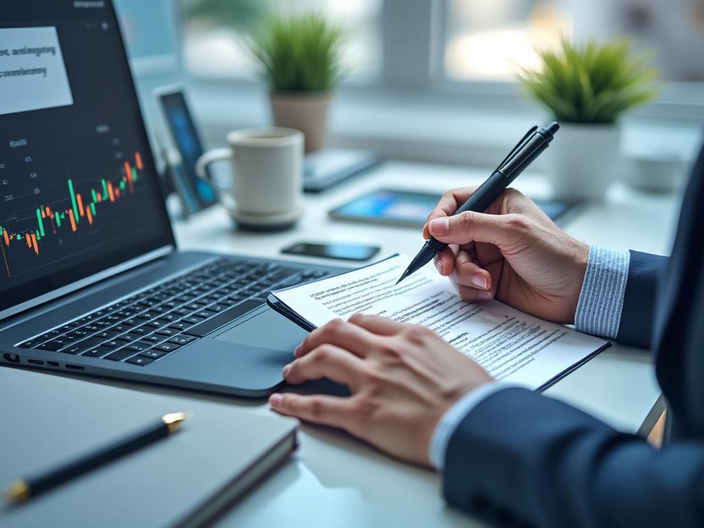 Business person analyzing financial data on a laptop with a cup of coffee and documents at a desk.
