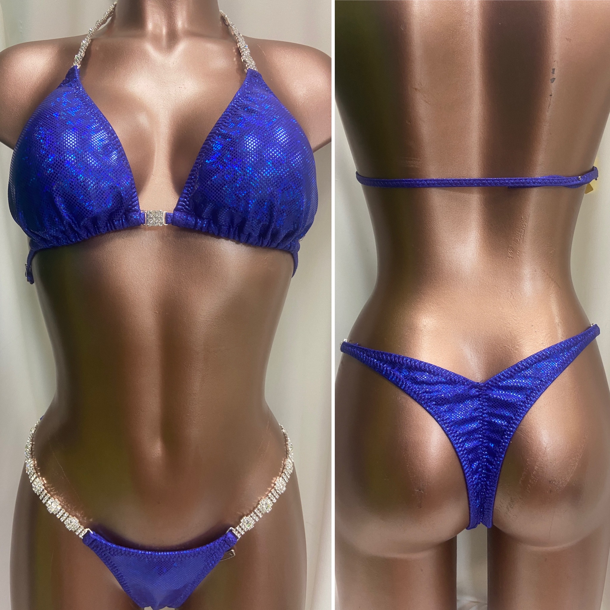 B8
Blue hologram on purple bikini
D slim sliding top
small front , xxxsmall  V back 
$175 