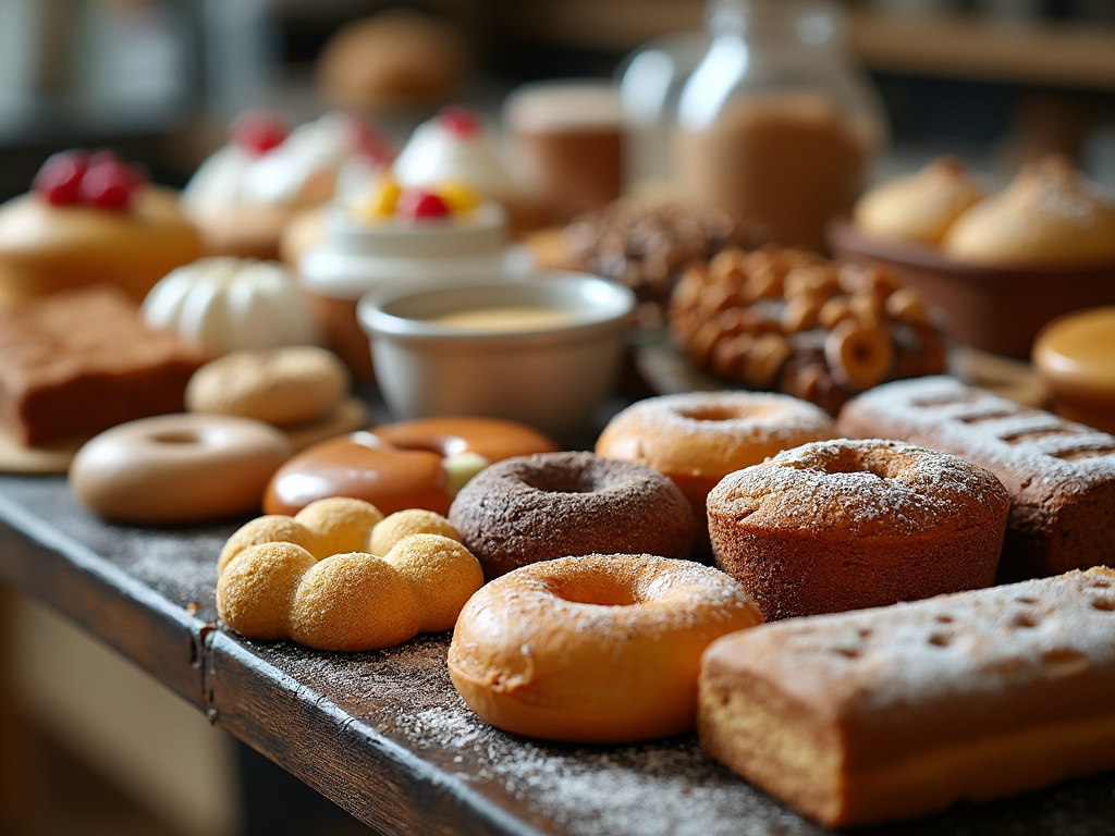 Mesa de repostería con donuts, magdalenas y pasteles espolvoreados con azúcar en un ambiente de panadería.