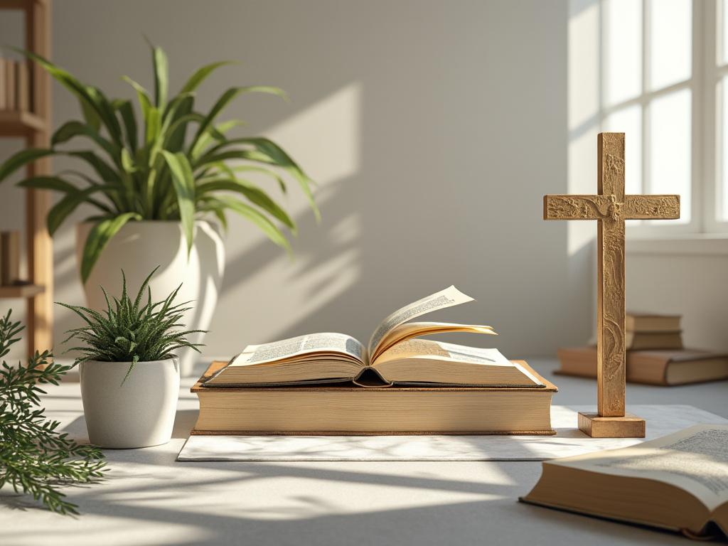 Open Bible with wooden cross and houseplants on a sunlit table, creating a serene and spiritual atmosphere.
