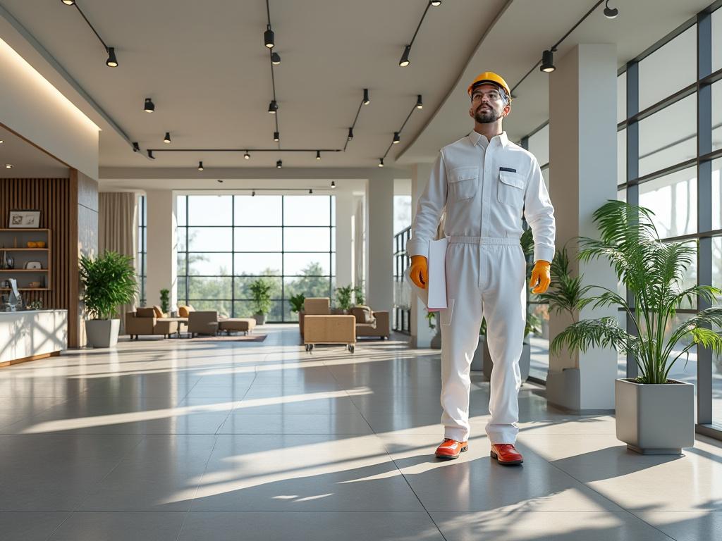 Construction worker in safety gear holding blueprints in a modern, spacious lobby with large windows and indoor plants. Construction worker in safety gear holding blueprints in a modern, spacious lobby with large windows and indoor plants.