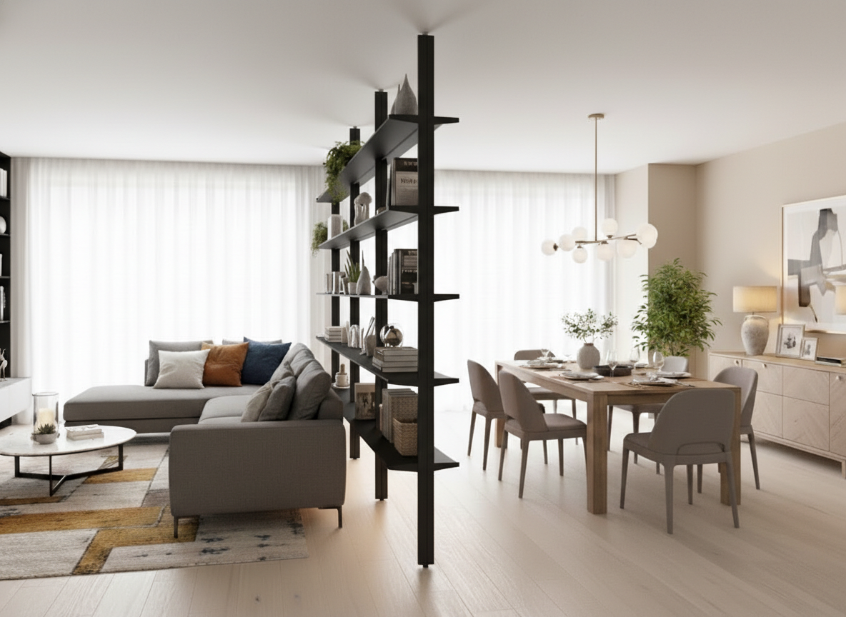 Modern open-plan living and dining room with a sectional sofa, decorative shelving, wooden dining table, and contemporary lighting. Modern open-plan living and dining room with a sectional sofa, decorative shelving, wooden dining table, and contemporary lighting.