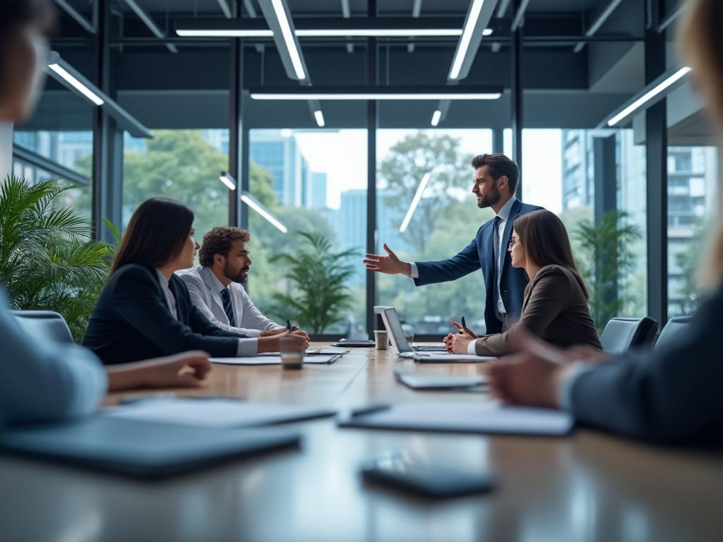 Reunión de negocios en una oficina moderna con grupo de profesionales discutiendo alrededor de una mesa de conferencias, con ventanas grandes al fondo.