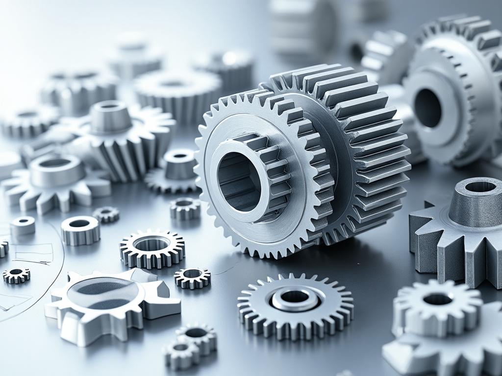 Conjunto de engranajes metálicos en diversas posiciones sobre una superficie, destacando un engranaje grande en el centro.