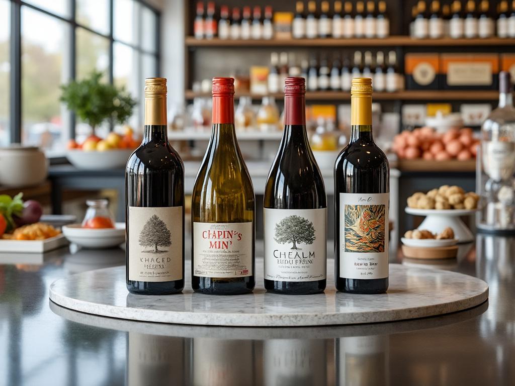 Cuatro botellas de vino en un mostrador de una moderna tienda de vinos, con estantes llenos de botellas al fondo.