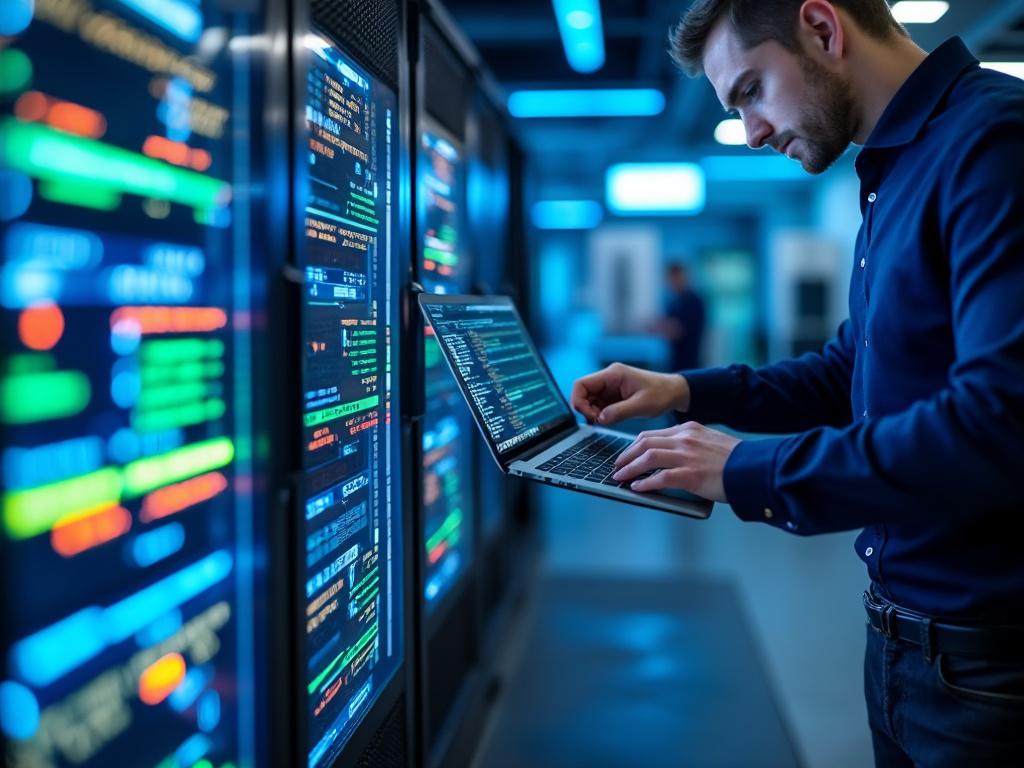 Hombre trabajando en un centro de datos, revisando código en su portátil con servidores iluminados en el fondo.