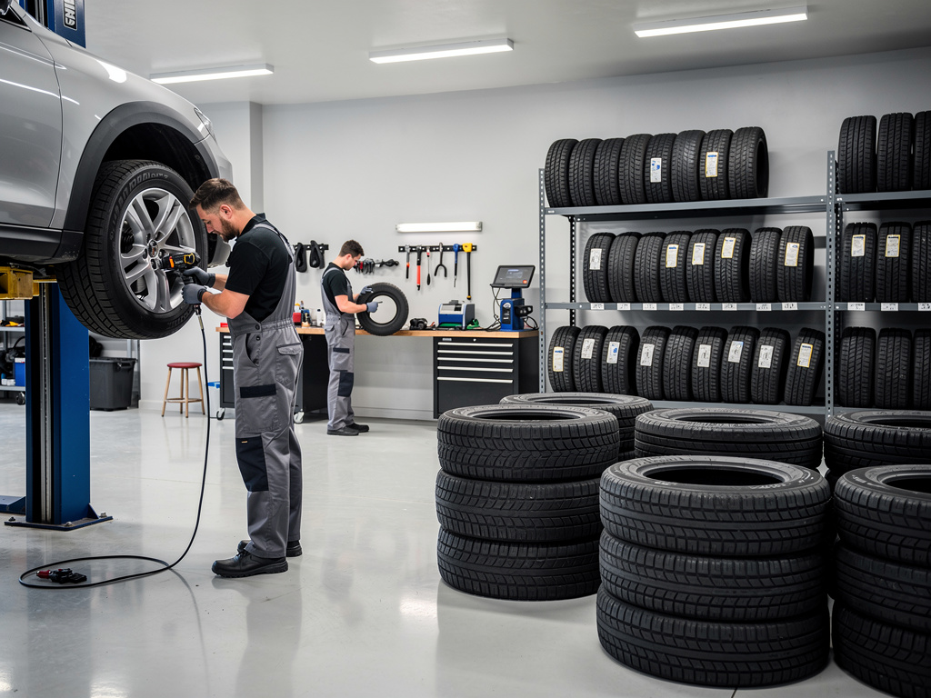 Mecánicos cambiando neumáticos en taller automotriz con estanterías llenas de llantas nuevas