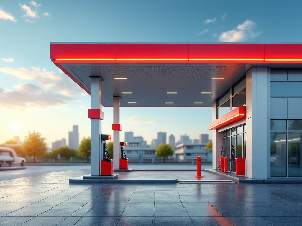 Estación de servicio moderna con luces brillantes y skyline urbano al fondo al atardecer.