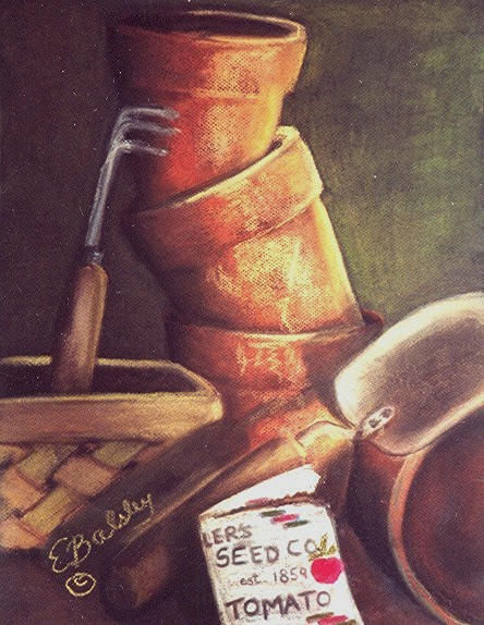 Planting Tools, ~22"x26", Pastel, Matted, Framed