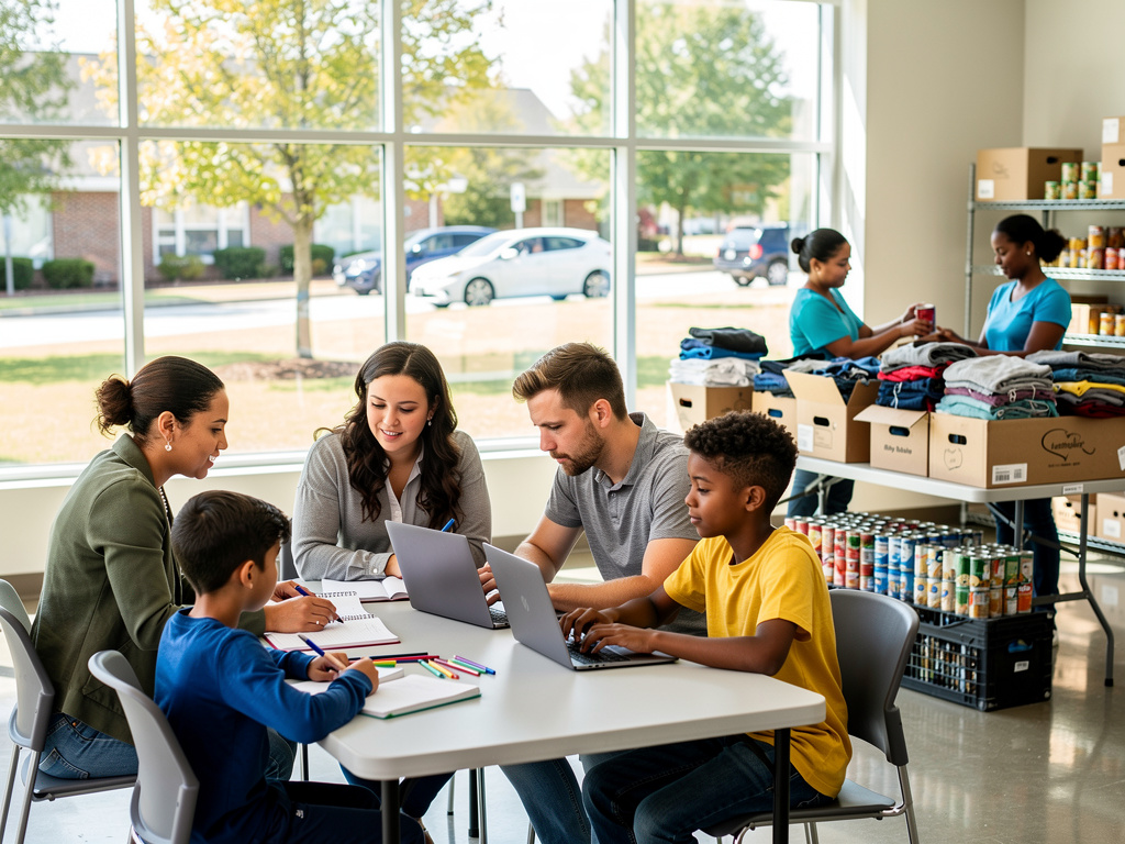 Community volunteers helping children with homework at a food and clothing donation center