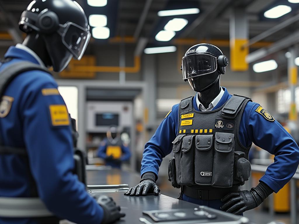 Robots humanoides con uniformes azules y cascos, en un entorno industrial.