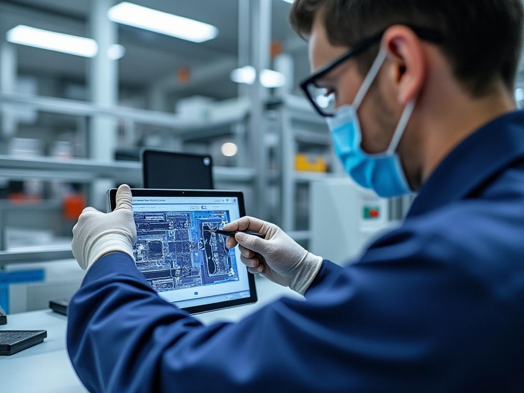 Ingeniero con mascarilla y guantes trabaja en una tableta con diseño de circuitos en laboratorio tecnológico.