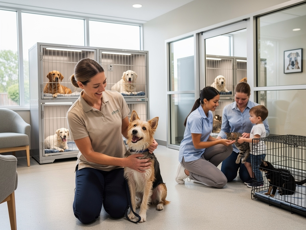 Refugio de animales moderno con cuidadoras, perros y gatos en adopción interactuando con una familia