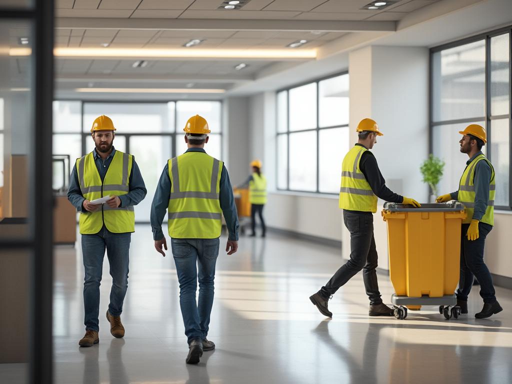 Trabajadores de construcción con cascos y chalecos reflectantes en un edificio moderno, empujando contenedor amarillo.