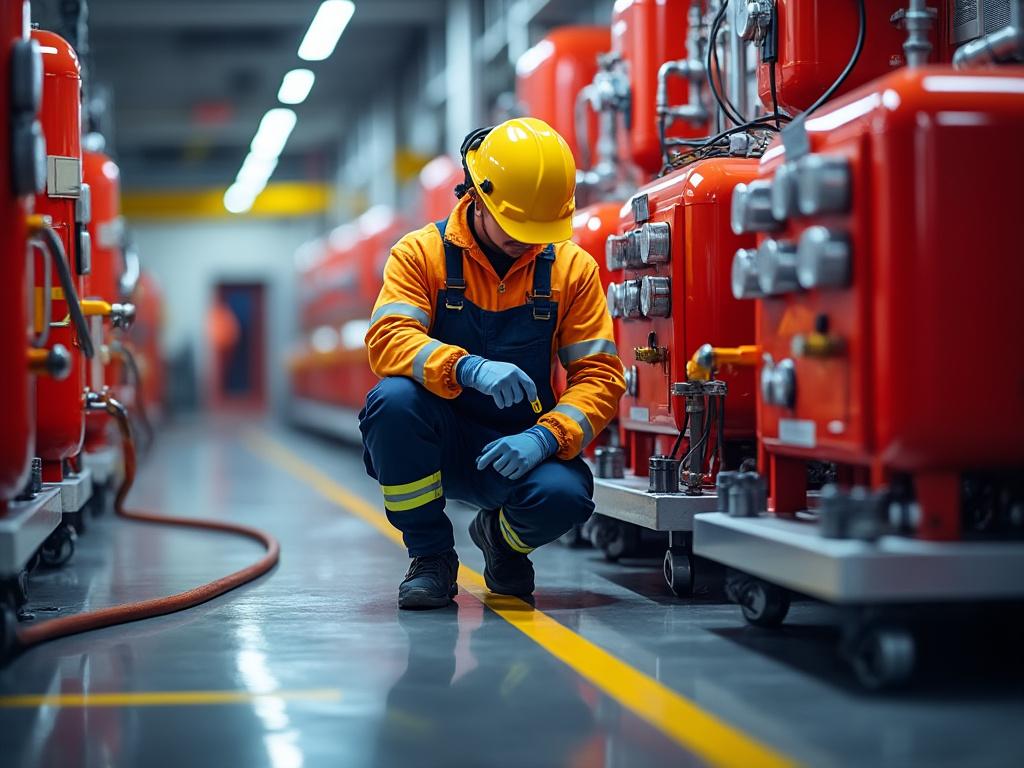 Trabajador industrial revisando equipo de seguridad en una planta, con maquinaria roja y casco amarillo.