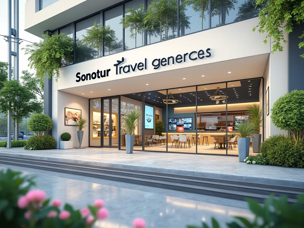 Fachada de agencia de viajes moderna con grandes ventanales y vegetación alrededor.