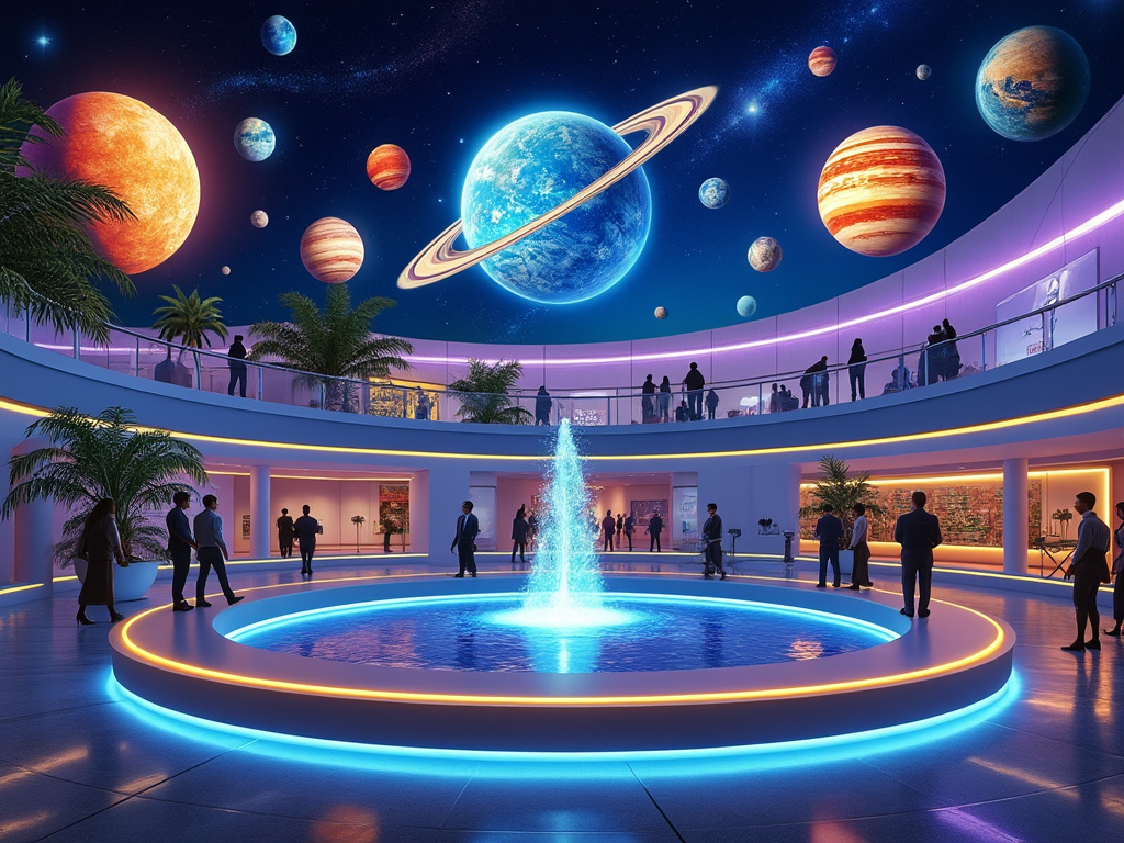 Exhibición futurista con planetas en el techo, fuente iluminada en el centro y personas observando.