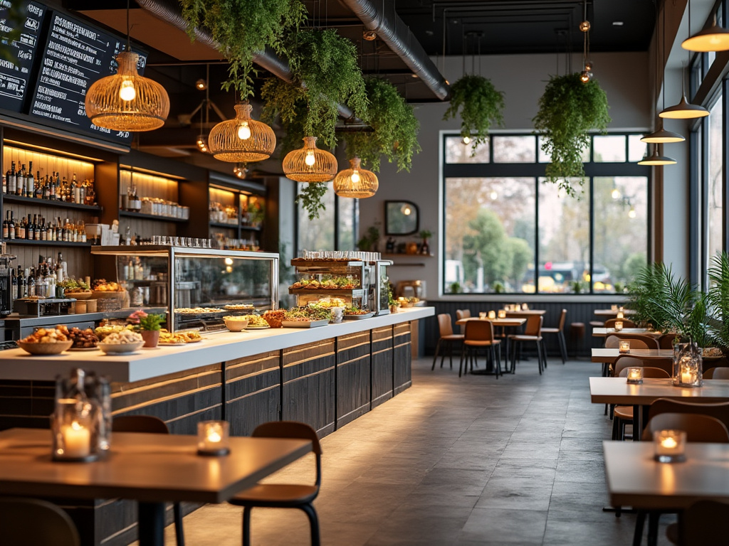 Interior de cafetería moderna con decoración de plantas colgantes y velas en las mesas.