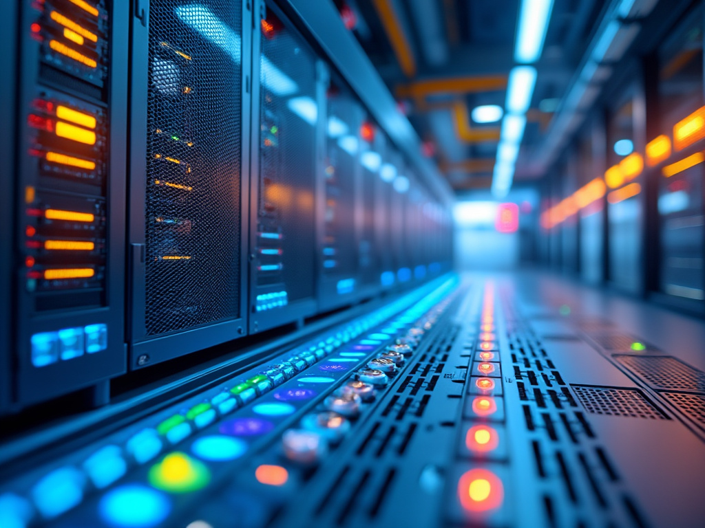 Modern data center server room with illuminated equipment and network cables.