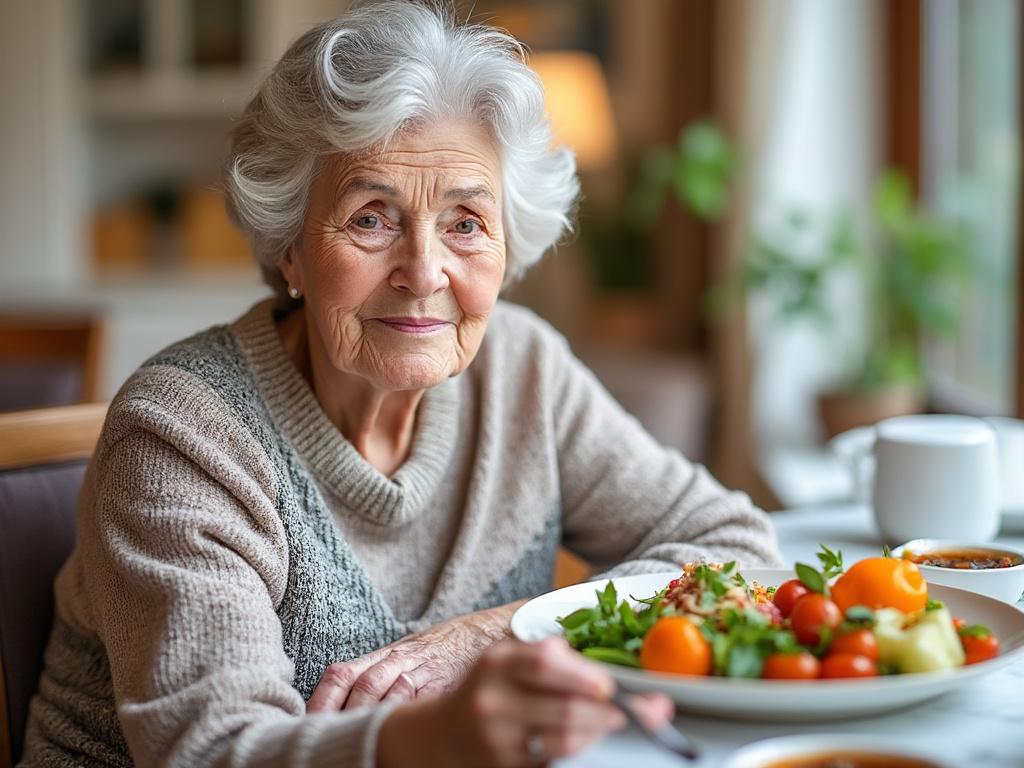 Elderly woman with white hair enjoying a healthy salad at a dining table, surrounded by greenery.