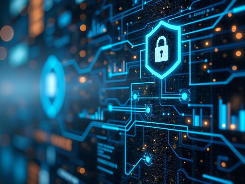 Ilustración digital de ciberseguridad con un candado sobre un fondo de circuitos y gráficos. Ilustración digital de ciberseguridad con un candado sobre un fondo de circuitos y gráficos.