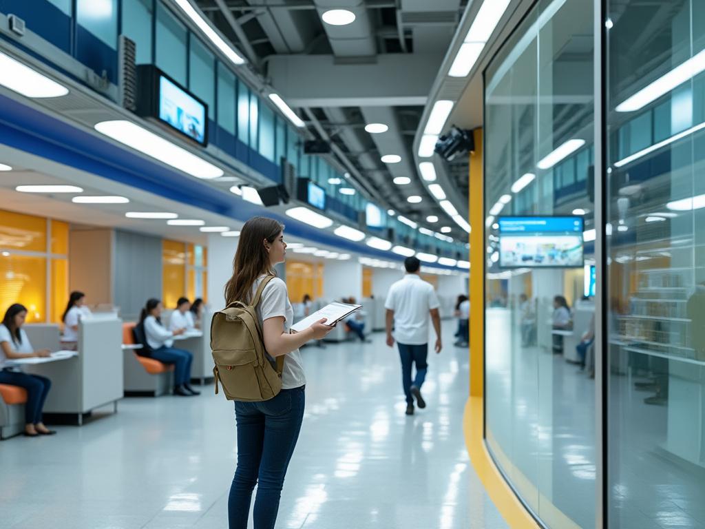 Joven con mochila y cuaderno en moderna biblioteca.
