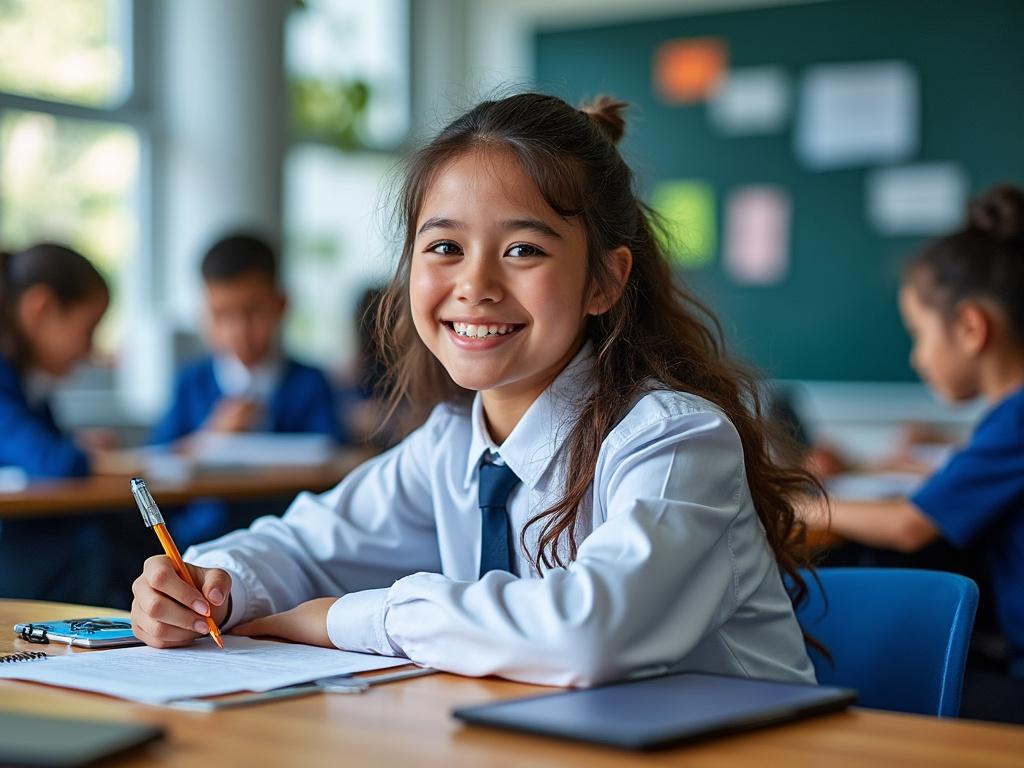 Niña sonriente en uniforme escolar escribiendo en un aula.
