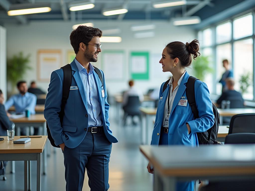 Dos personas jóvenes vestidas de azul conversando en una oficina moderna con muebles de madera y paredes vidriadas. Dos personas jóvenes vestidas de azul conversando en una oficina moderna con muebles de madera y paredes vidriadas.