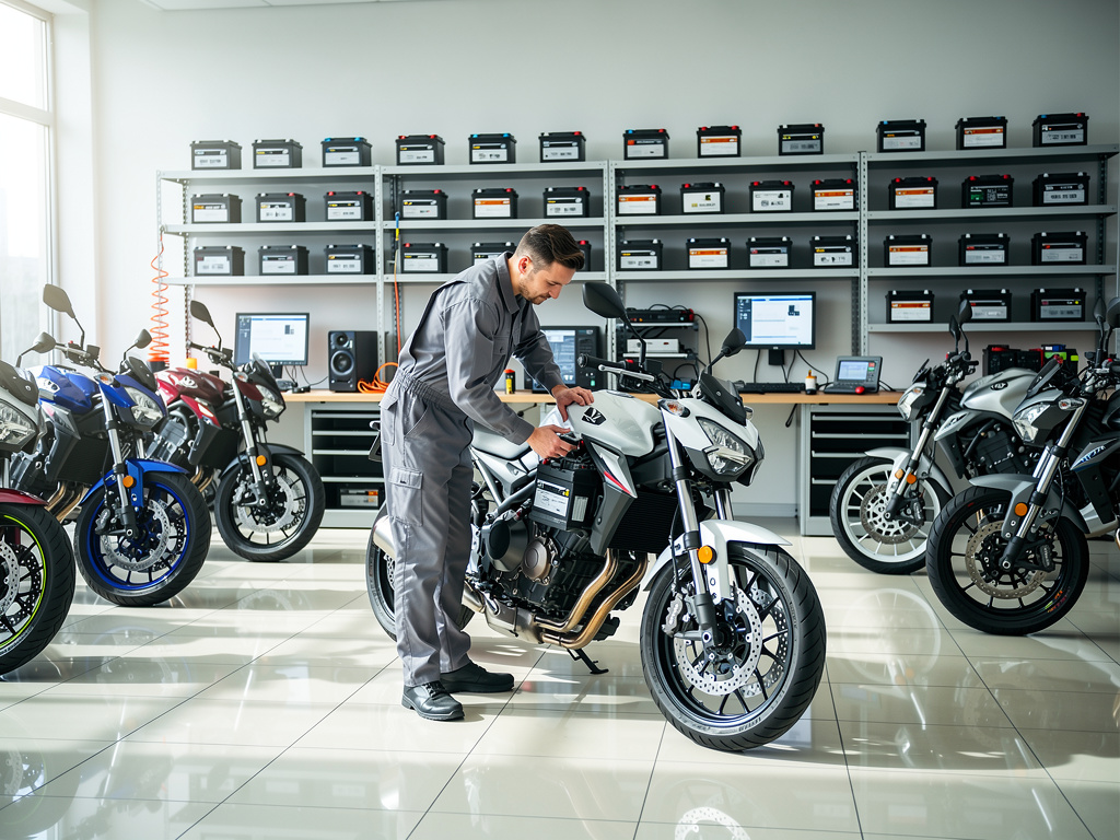 Mecánico revisando la batería de una motocicleta en un taller con motos y estanterías de baterías