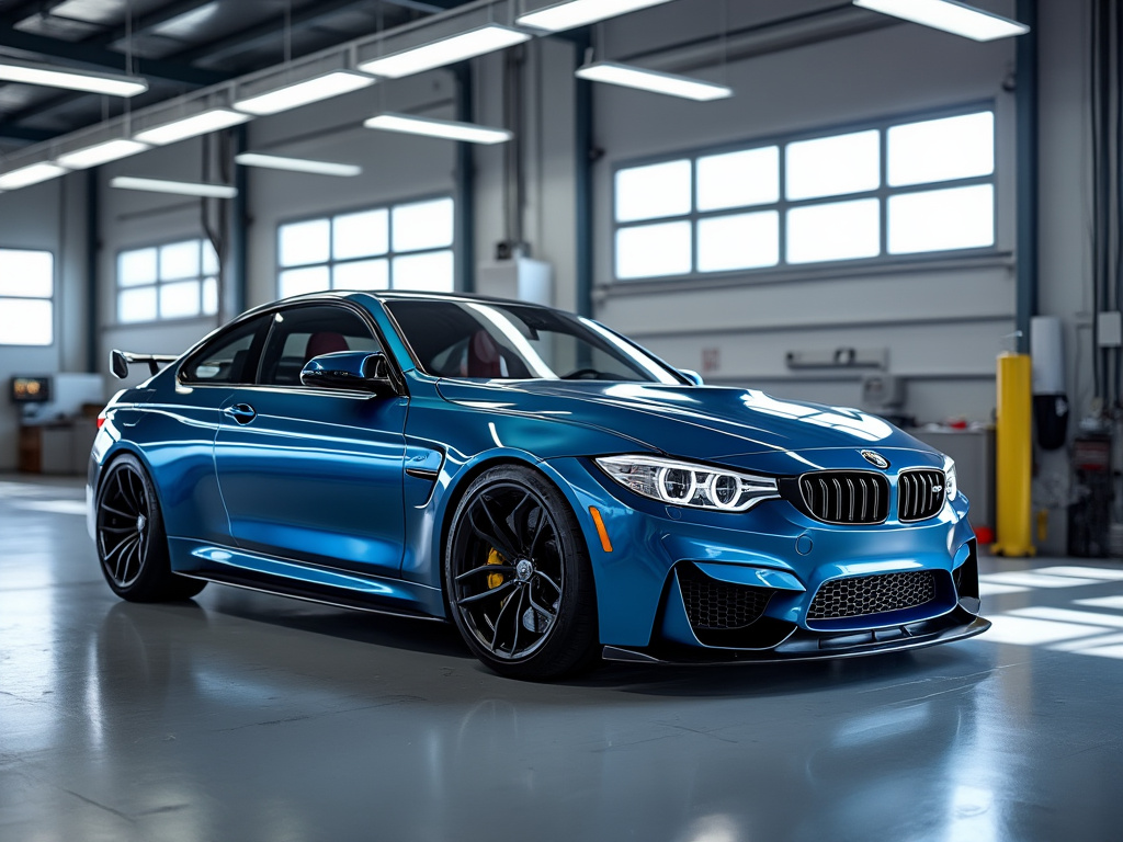 Coche deportivo azul metálico en garaje iluminado con ruedas de aleación negras y diseño aerodinámico.