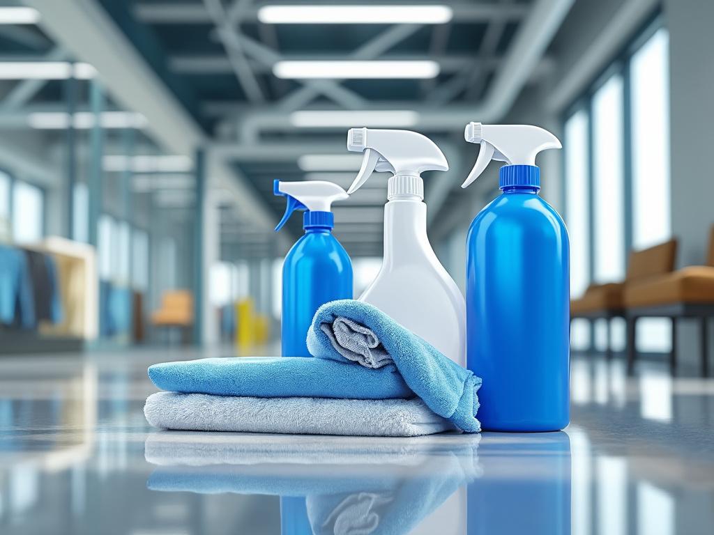 Botellas de spray azul y blanco junto a toallas en un entorno moderno de oficina.