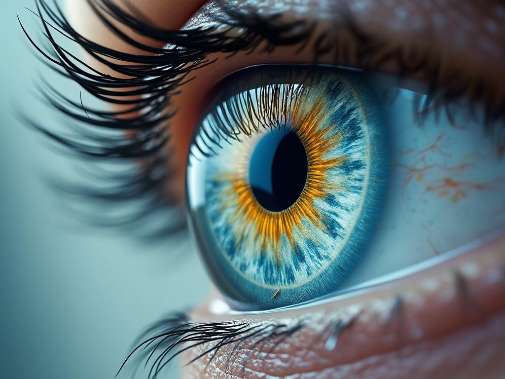 Primer plano de un ojo humano con iris azul y amarillo, mostrando pestañas detalladas.