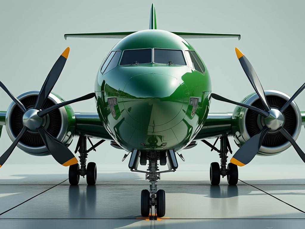 Avión verde de hélice visto desde el frente en una pista.