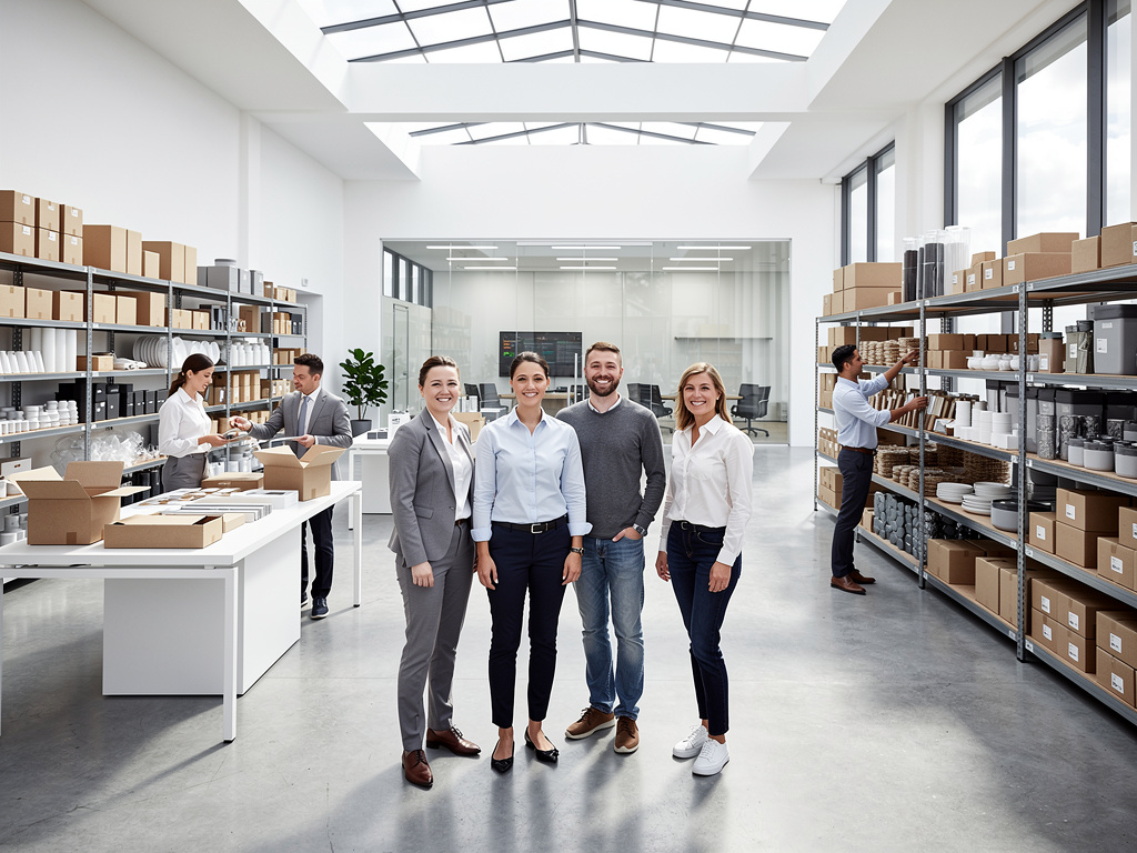Equipo profesional en almacén moderno con estanterías, cajas de embalaje y productos organizados
