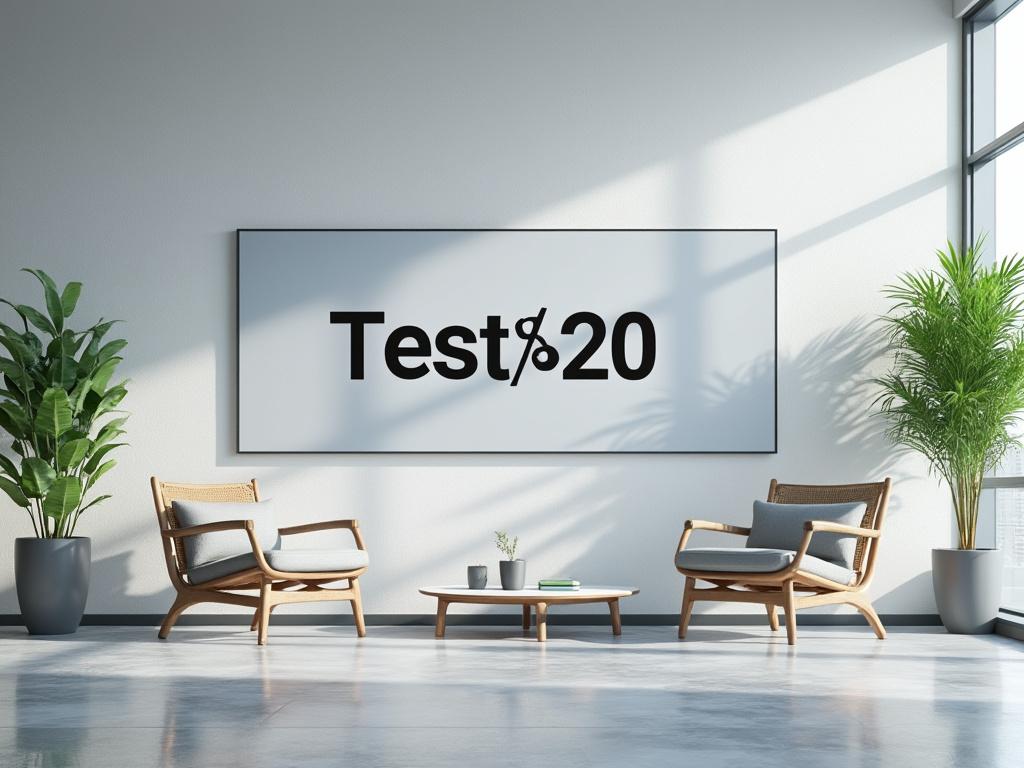Modern minimalist living room with wooden chairs, potted plants, and 'Test ' artwork on the wall.