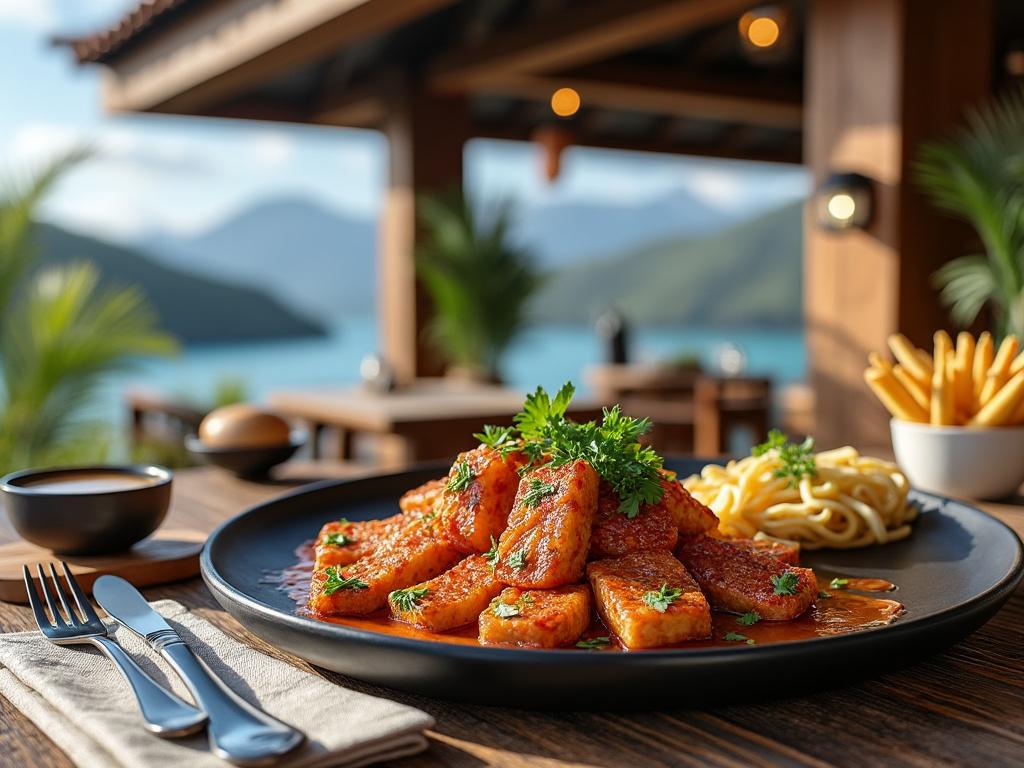 Plato de tofu con salsa y guarnición de papas fritas al aire libre frente al mar