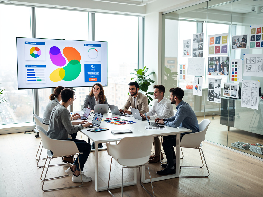 Equipo de diseño en reunión colaborativa analizando gráficos de marca y paletas de color en una oficina moderna