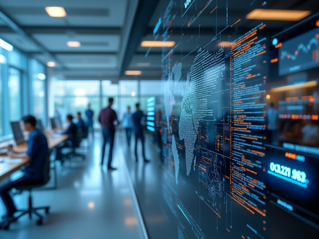 Oficina moderna con trabajadores y pantalla digital que muestra datos y gráficos.