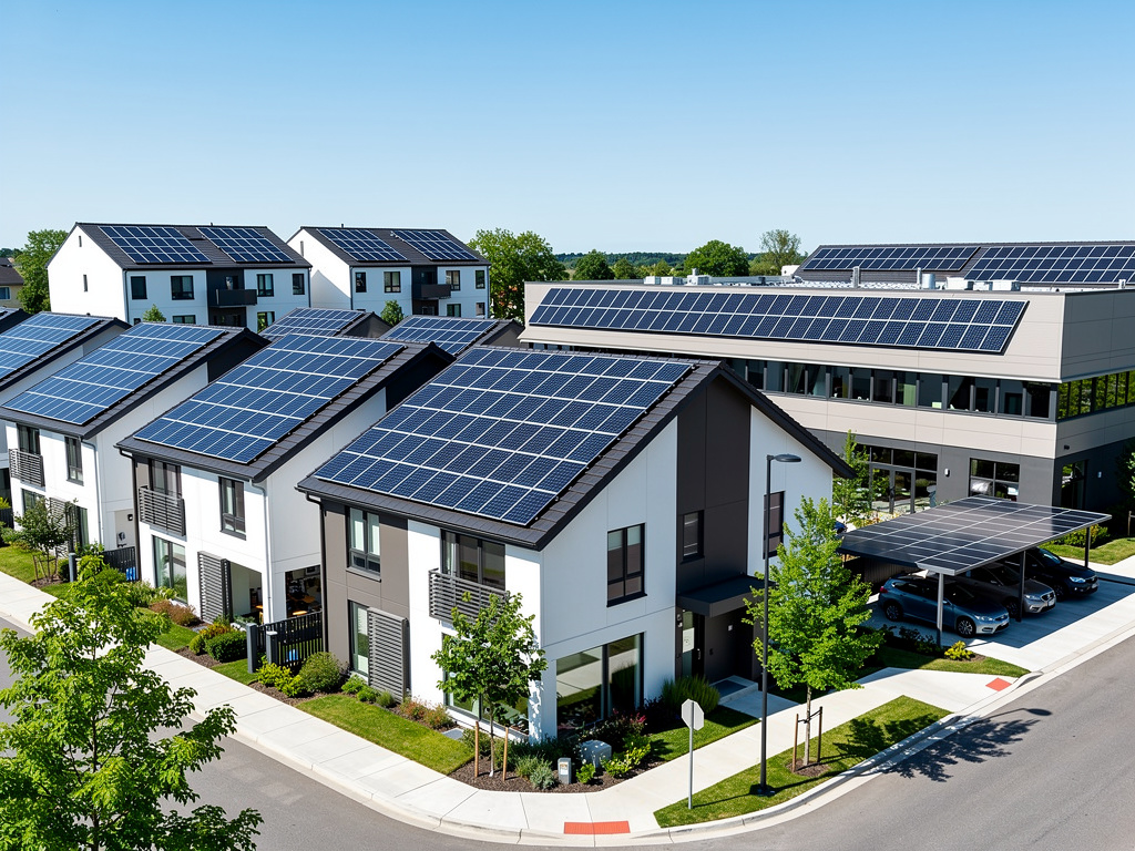 Barrio residencial moderno con casas, edificio y cocheras cubiertos de paneles solares bajo cielo despejado