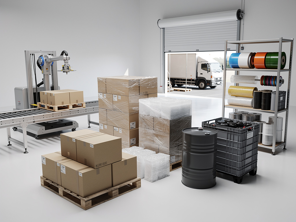 Almacén industrial con cajas en palets, robot de embalaje, bidones, contenedor IBC y estantería de materiales de embalaje