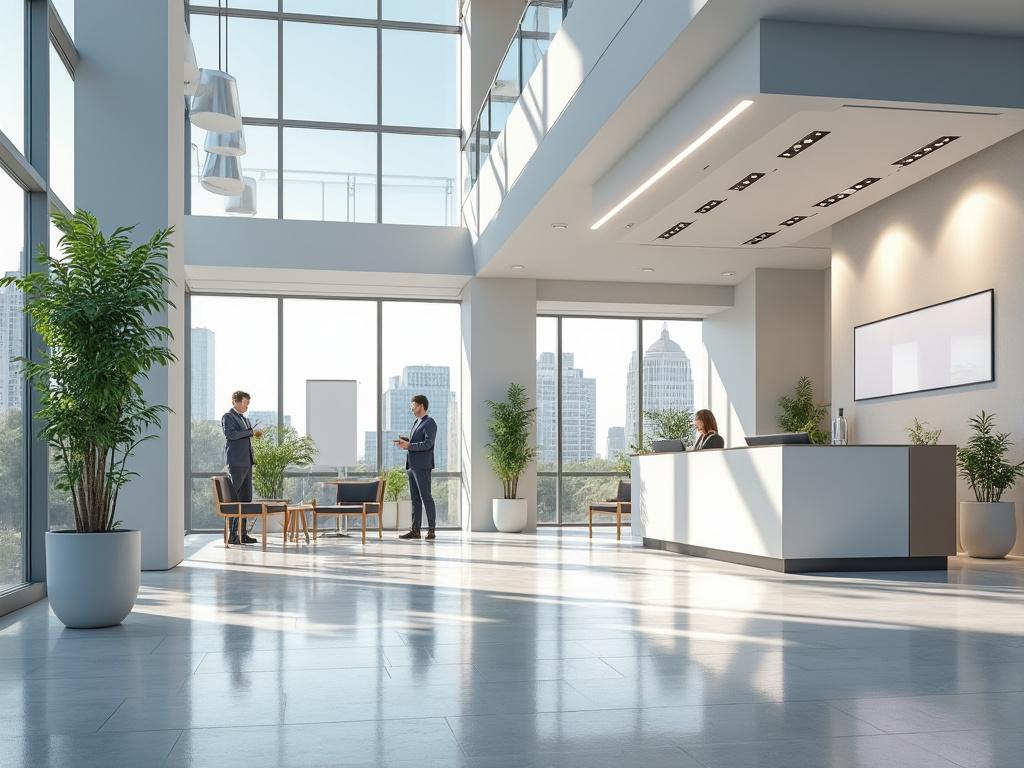 Oficina moderna con ventanales grandes, plantas decorativas y zona de recepción con empleados trabajando.