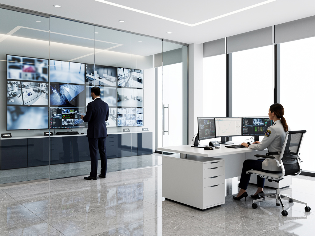 Sala de control de seguridad moderna con operadores monitoreando cámaras de vigilancia en múltiples pantallas