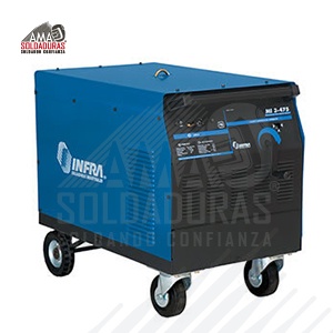 MI 3-500

Categoría: Soldadoras para electrodo revestido (SMAW)
Trabajo: Industrial Pesado
Alimentación: 220/440 V
Rango de amperaje de soldadura:	60-520 A, CD
Ciclo de trabajo: 60%
Suelda con: Electrodo revestido (SMAW) de CD en diámetros desde 1.6 hasta 6.4 mm (1/16" a 1/4") tipo suave para unir, duro para revestir o para corte (cut-weld) E6013, E6011, E7018, E7024.