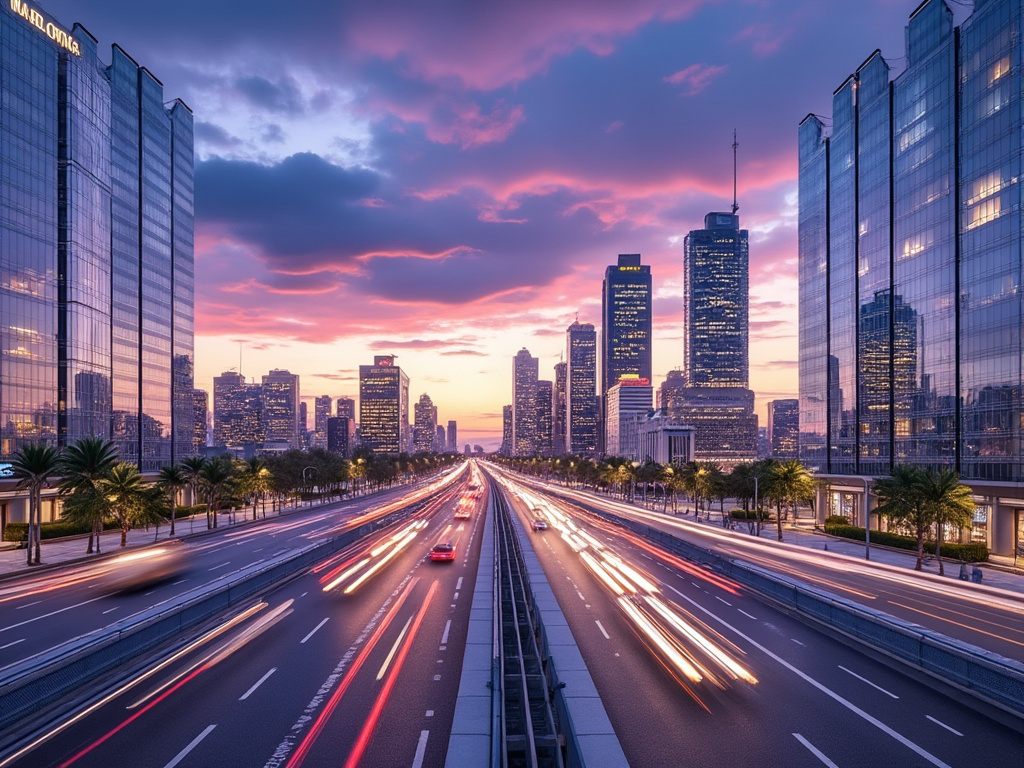 City skyline at sunset with light trails on highway, reflecting on glass buildings.
