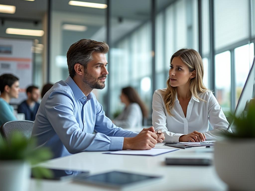 Professional business meeting in modern office with man and woman discussing plans, surrounded by colleagues.