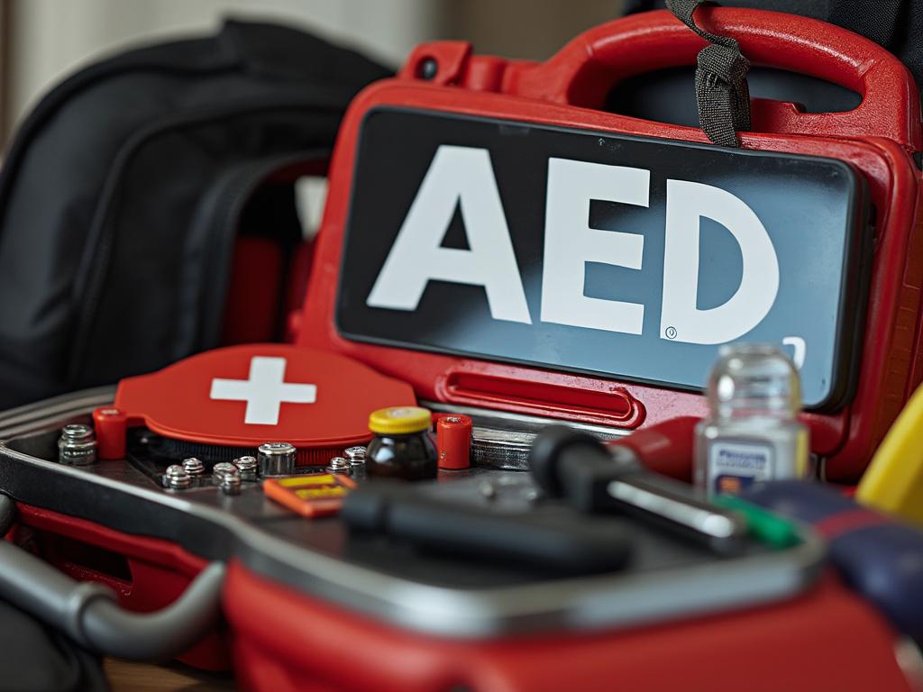 Emergency AED kit with medical supplies including vials and tools.