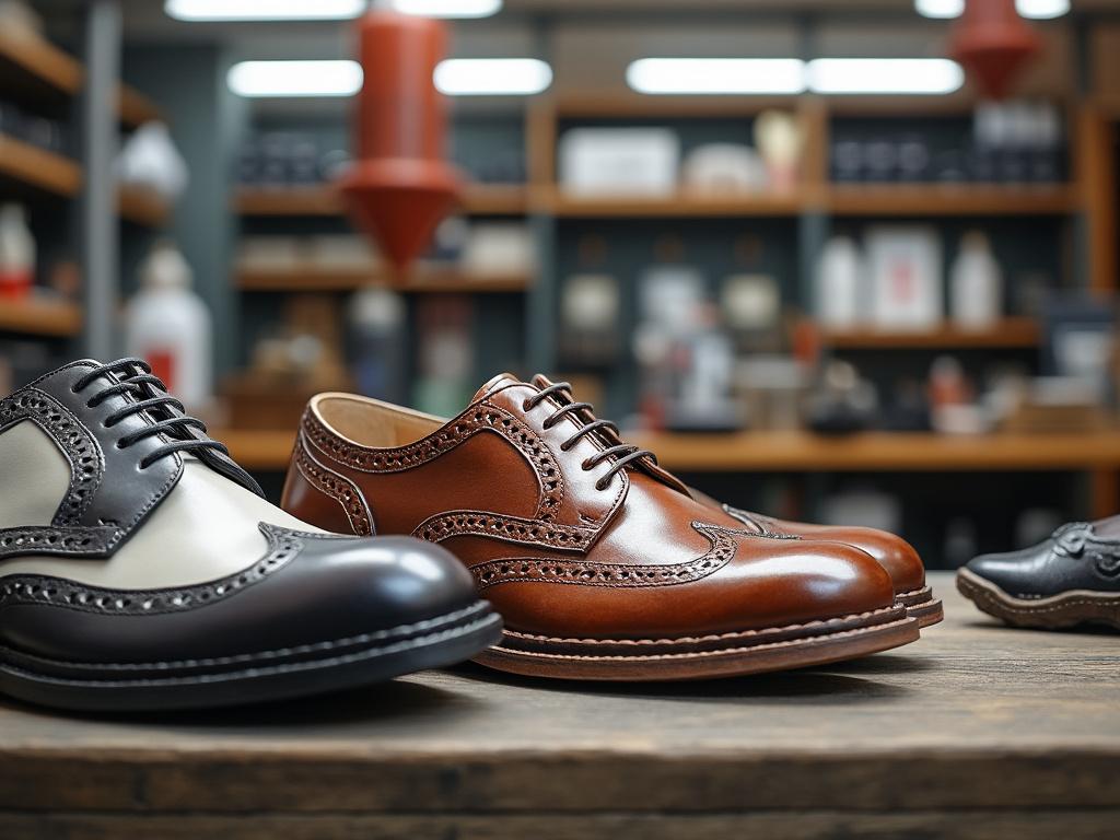 Zapatos de cuero elegantes en vitrina de tienda de calzado.