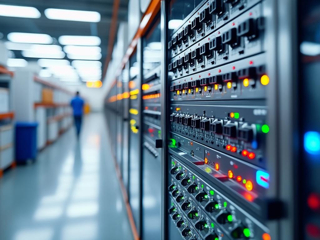 A row of server racks with blinking lights in a data center, with a blurred person walking in the background.