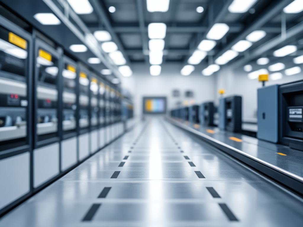 Pasillo de un moderno centro de datos con servidores alineados y luces brillantes en el techo.